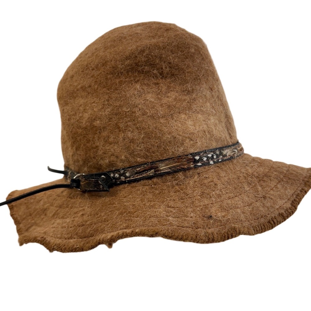 Vintage Brown Wool Felt Bucket Hat Feather Band Boho Western Small Medium